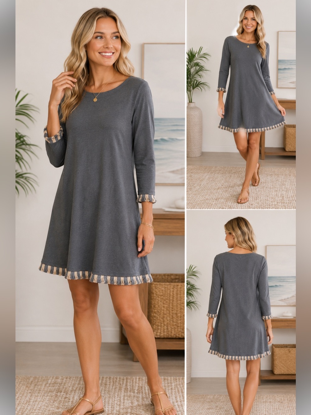 Spartina 449 XS Gray Long Sleeve Knit Dress Fringe Trim Cotton Stretch A-Line